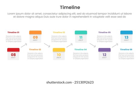 Conjunto de infografía de punto con cuadro de calendario de fecha flecha vinculada hacia arriba y hacia abajo con 6 puntos para Vector de Plantilla de presentación de diapositivas