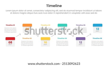 timeline set of point infographic with date calendar box linked arrow up and down with 6 point for slide presentation template vector