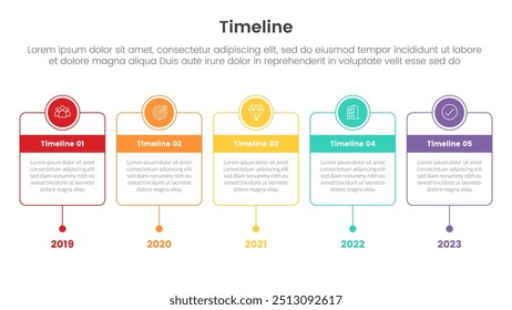 conjunto de linha de tempo de infográfico de ponto com caixa de contorno com emblema de círculo na parte superior com 5 ponto para vetor de modelo de apresentação de slide