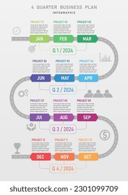 timeline simple infographic Vertical business work plan template 4 quarter arrow multicolored on curved road white month abbreviation gray icon, gray gradient background