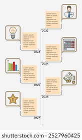 Cronograma con seis hitos que representan los logros comerciales anuales de 2022 a 2027. La bombilla, la persona, el gráfico de barras, la calculadora, el dinero y los iconos de estrellas significan hitos. Ideal para negocios