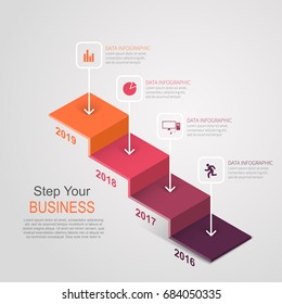 Timeline As A Staircase With Business Development Data / Vector Infographic