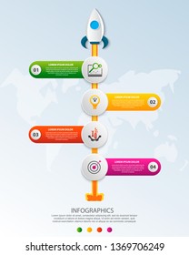 Timeline startup infographics with four circle and icons template. 3D vector illustration rocket on a blue background. Used for business, planning, strategy, workflow layout, diagrams with 4 steps