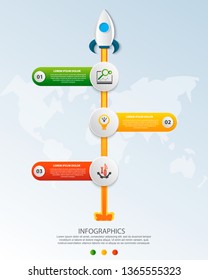 Timeline startup infographics with three circle and icons template. 3D vector illustration rocket on a blue background. Used for business, planning, strategy, workflow layout, diagrams with 3 steps