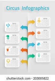 Timeline statistics  infographic vintage circus chapiteau clown tickets sale prognosis estimates layout presentation arrows chart vector illustration