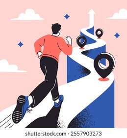 Timeline to success. Male office worker running along winding road as symbol of business progress, career growth and goal achievement. Skills development and improvement. Cartoon vector illustration