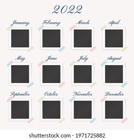 Timeline template with blank photo frames for 2021 year. Vector collage with photopraphs for month with transparent stickers on white background. Calendar with pictures