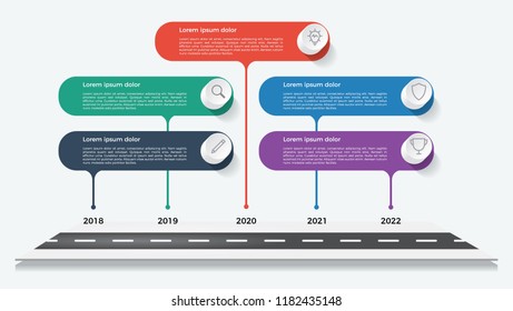timeline template, business presentation, infographic element with 5 options, steps, lists, process.