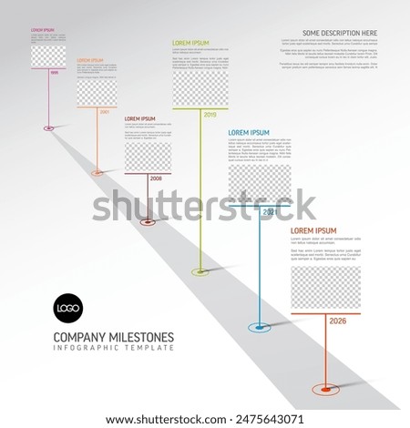 Timeline template with diagonal road and thick pointers with sample text content and various photo placeholders. Simple time line template with photos.