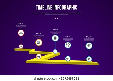 timeline template infographic with 3d roadway with circle point standing with 5 point dark background style for slide presentation vector