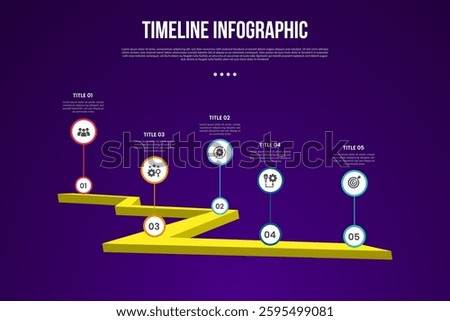 timeline template infographic with 3d roadway with circle point standing with 5 point dark background style for slide presentation vector