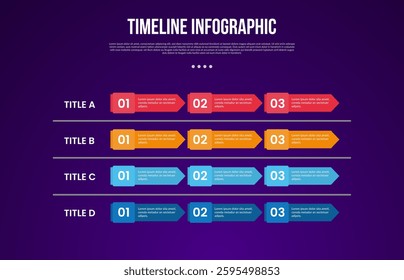 timeline template infographic with big arrow stacked and lined with 4 point dark background style for slide presentation vector