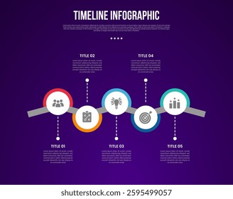 timeline template infographic with big circle with up and down thick line direction with 5 point dark background style for slide presentation vector