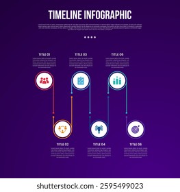 timeline template infographic with circle and circular line up and down connection with 6 point dark background style for slide presentation vector