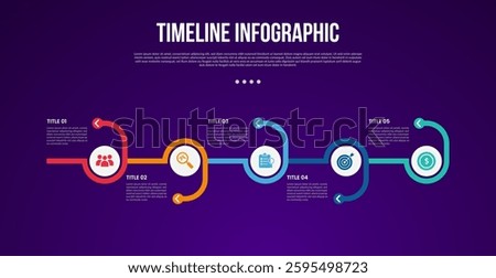 timeline template infographic with circle and round line circular around with 5 point dark background style for slide presentation vector
