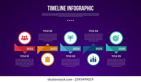 timeline template infographic with creative circle and ribbon badge title with 5 point dark background style for slide presentation vector