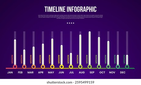 timeline template infographic with full month with vertical bar percentage point with 12 point dark background style for slide presentation vector