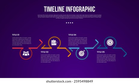 timeline template infographic with open circle on ribbon line up and down with 5 point dark background style for slide presentation vector