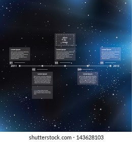 Time-line template with shining universe background. Template with space for text and images. Solid, modern design.