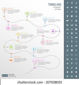 Timeline template in sticker style with set of icons. Light background