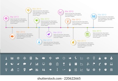 Timeline Template In Sticker Style With Set Of Icons. Light Background