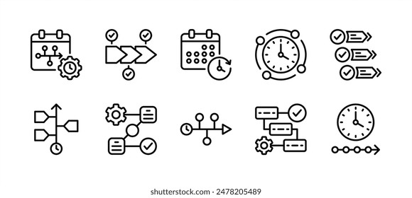 Timeline thin line icon vector set. Containing guideline, workflow, information, progress, step, management, schedule, hierarchy, infographic, organisation, procedure, system, scheme for event 