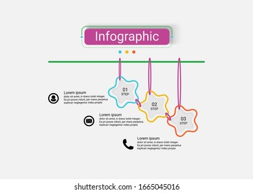 Plantilla vectorial de diseño de estrella de infografía de tres pasos de línea de tiempo. Concepto creativo para infografías. Utilizar diseño de flujo de trabajo, diagrama, opciones de paso de negocio, banner, diseño web.