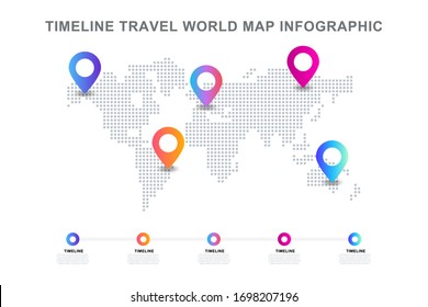 Timeline travel world map infographic,colorful location pin on  grey dotted world map illustration vector