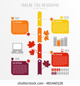 Timeline tree infographics template. Autumn, fall flat design with maple leaves. Presentation elements. Stock vector illustration.