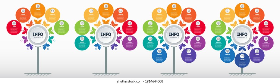 Timeline of trends. Business presentation concept with four parts, steps or processes. Infographics in the form of a tree with 5, 7, 9 and 10 parts . Development and growth of the business.