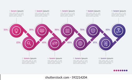 Timeline vector infographic design with ellipses 9 steps