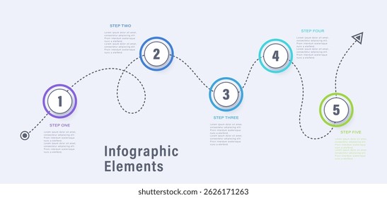 Modelo de infográfico de vetor de linha de tempo com cinco etapas. Infografia, via ou instruções passo a passo
