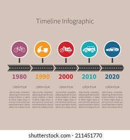 Timeline vector infographic with transport icons and text in retro style