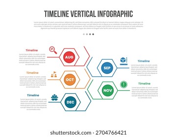 Linha de tempo vertical forma base infográficos modelo diagrama com forma hexágono estrutura bloqueada direção oposta com passo de 5 pontos criativo simples vetor de contorno plano