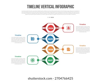 Diagrama de modelo de infográficos de forma de base vertical da linha do tempo com forma criativa empilhada com ponteiro de linha de ponto lista oposta com passo de 4 pontos criativo vetor de contorno plano simples