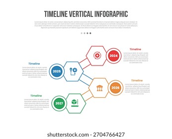 Linha do tempo vertical forma base infográficos modelo diagrama com hexágono oposta jornada progresso com passo de 4 pontos criativo simples vetor contorno plano