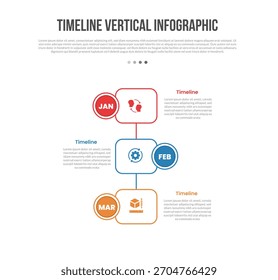 Linha do tempo forma base vertical infográficos modelo diagrama com quadrado redondo empilhado com emblema círculo com passo de 3 pontos criativo simples vetor de contorno plano