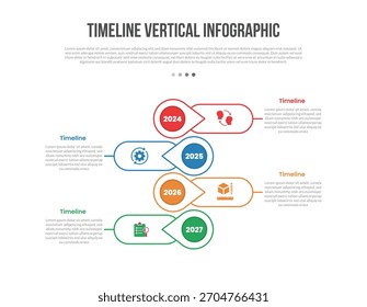 Diagrama de modelo de infográficos de forma de base vertical de linha de tempo com contêiner retangular redondo com localização de pino inclinado na direção oposta com passo de 4 pontos criativo vetor de contorno plano simples