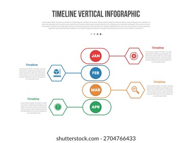 Linha de tempo vertical forma base infográficos modelo diagrama com retângulo redondo com linha hexágono conexão com passo de 4 pontos criativo simples vetor contorno plano