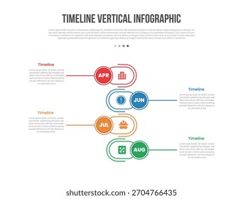 Diagrama de modelo de infográficos de forma de base vertical da linha do tempo com retângulo redondo e lado do emblema do círculo com ponteiro de linha com passo de 4 pontos criativo vetor de contorno plano simples