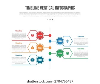 Vertikale Basisform Timeline Infografik-Vorlage Diagramm mit Kreis und Hexagon verbunden mit Punkt Kreislinie mit 5 Punkt Schritt kreative einfache flache Umrissvektor