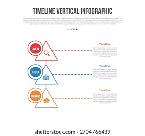Línea de tiempo Infografía de forma de base Vertical Diagrama de Plantilla con triángulo e insignia circular con puntero de línea larga con paso de 3 puntos Vector de contorno plano simple creativo