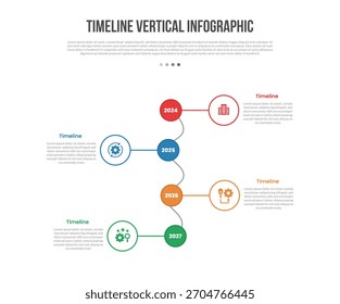 Linha do tempo forma base vertical infográficos modelo diagrama com círculo empilhado e linha de onda de conexão com passo de 4 pontos criativo vetor de contorno plano simples