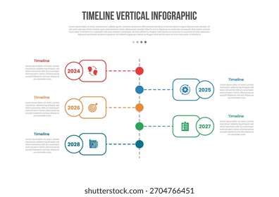 Diagrama de modelo de infográficos de forma de base vertical de linha de tempo com retângulo redondo com emblema de círculo e linha pontilhada com etapa de 5 pontos criativo vetor de contorno plano simples
