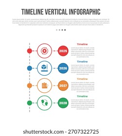Línea de tiempo Infografía de la forma de la base de la Vertical Diagrama de la Plantilla con el círculo grande con la conexión punteada de la línea con el Vector plano simple creativo del contorno de 4 puntos