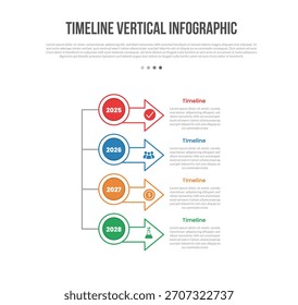 Linha do tempo forma base vertical infográficos modelo diagrama com círculo e seta com estrutura organizacional com passo de 4 pontos criativo simples vetor de contorno plano