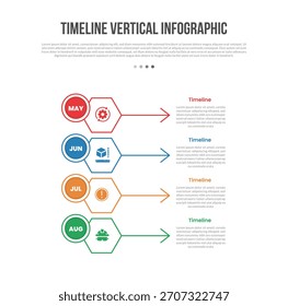 Linha do tempo vertical forma base infográficos modelo diagrama com grande hexágono e pequeno círculo distintivo com seta longa com passo de 4 pontos criativo simples vetor de contorno plano