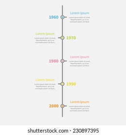 Timeline vertical Infographic with color text. Template. Flat design style. Vector illustration