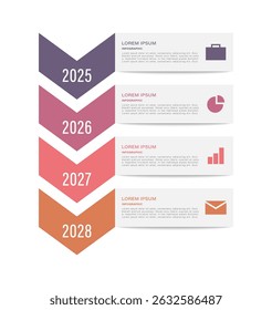 Infografía de Vertical de línea de tiempo. Cuatro pasos o procesa Elementos con iconos.