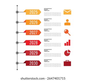 Timeline vertical infographic template. Six positions or processes with icons and years
